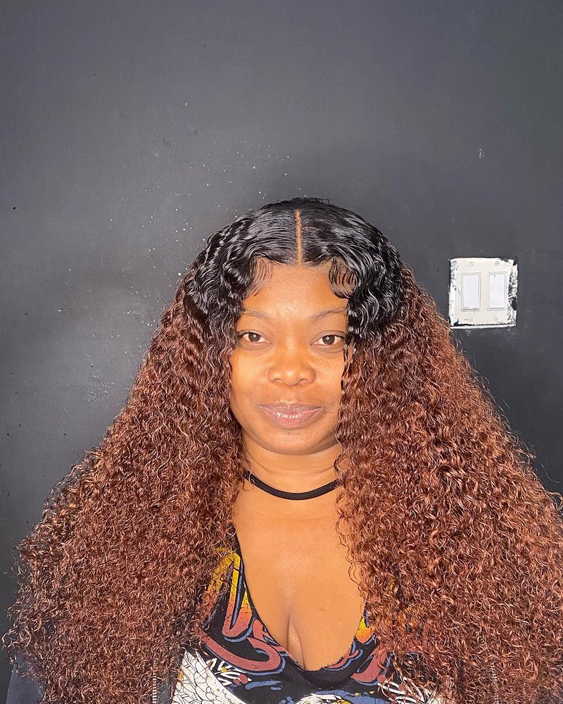 Long copper curly unit with a middle part